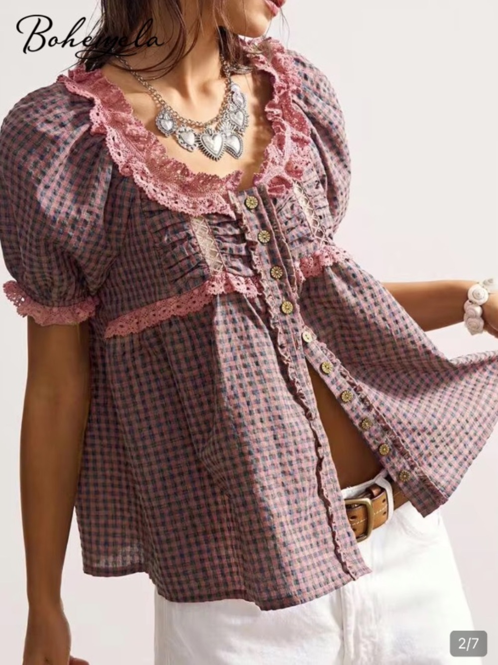 ⭐️ NEW SHEIN Medium Pink Gingham Lace Trim Puff Sleeve Blouse